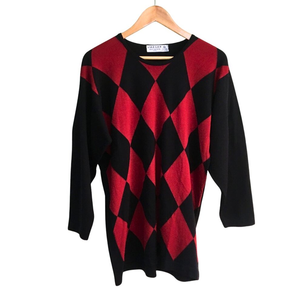 1990s vintage Jaeger tunic sweater - harlequin argyle pattern - size small